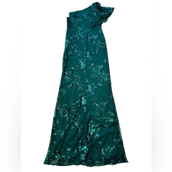 MARCHESA NOTTE BRIDESMAID**Green Floral Sequined One-Shoulder Dress**US 6 - Picture 3 of 4